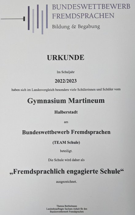 Urkunde Gymnasium Martineum Halberstadt als "Fremdsprachlich engagierte Schule"
