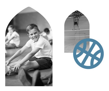 Grafike welche Schüler in Schulkleidung zeigt. Daneben ist eine Grafik eines Balles zu sehen unter der ein Bild einer Sporthalle zu sehen ist.